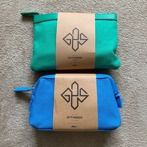 ETTINGER London cosmetic bag and AVEDA skin care - Green and Blue Travel Pouches